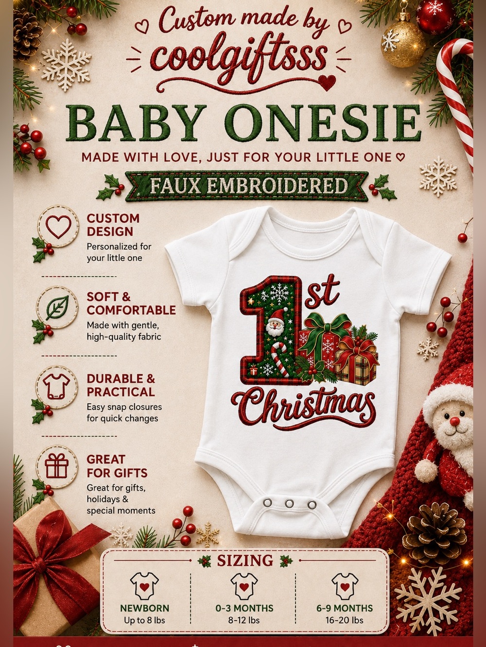 White "1st Christmas" Baby Onesie — Faux Embroidered Holiday Bodysuit New
